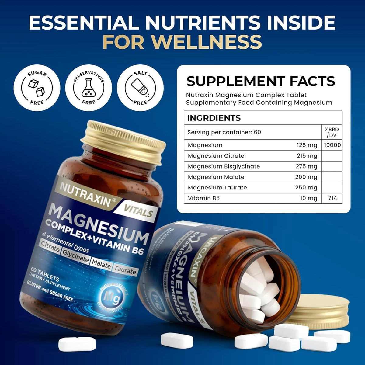 Nutraxin Vitals Magnesium Complex + Vitamin B6 – 60 Tablets