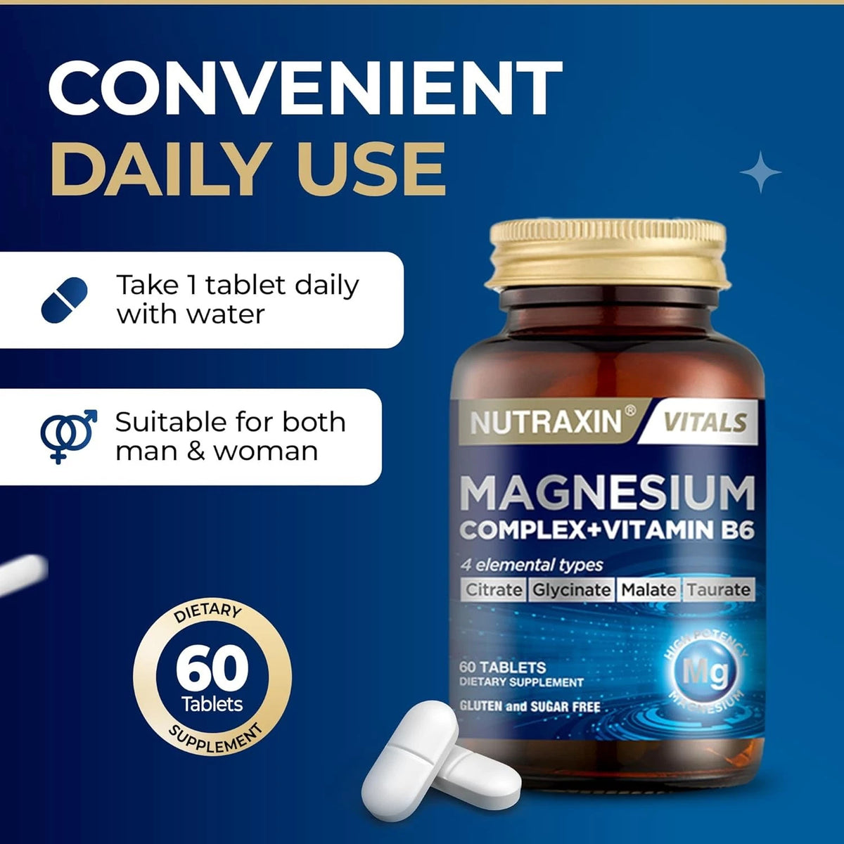 Nutraxin Vitals Magnesium Complex + Vitamin B6 box and bottle, 60 tablets