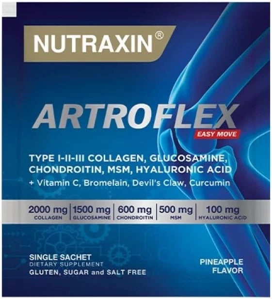 Nutraxin Artroflex powder sachet being mixed with water, 30-sachet box