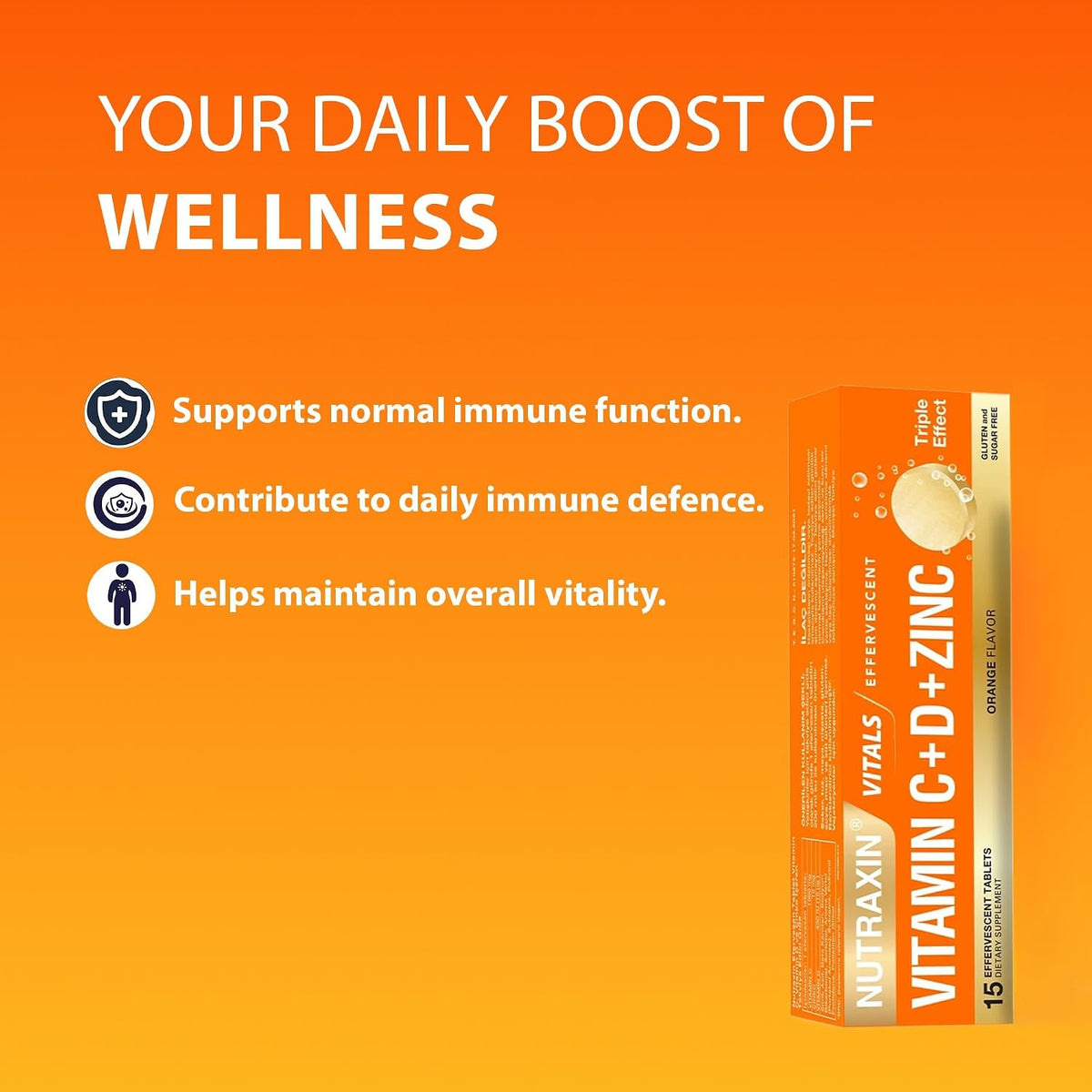 Nutraxin Vitals Vitamin C + D + Zinc – 15 Orange Effervescent Tablets