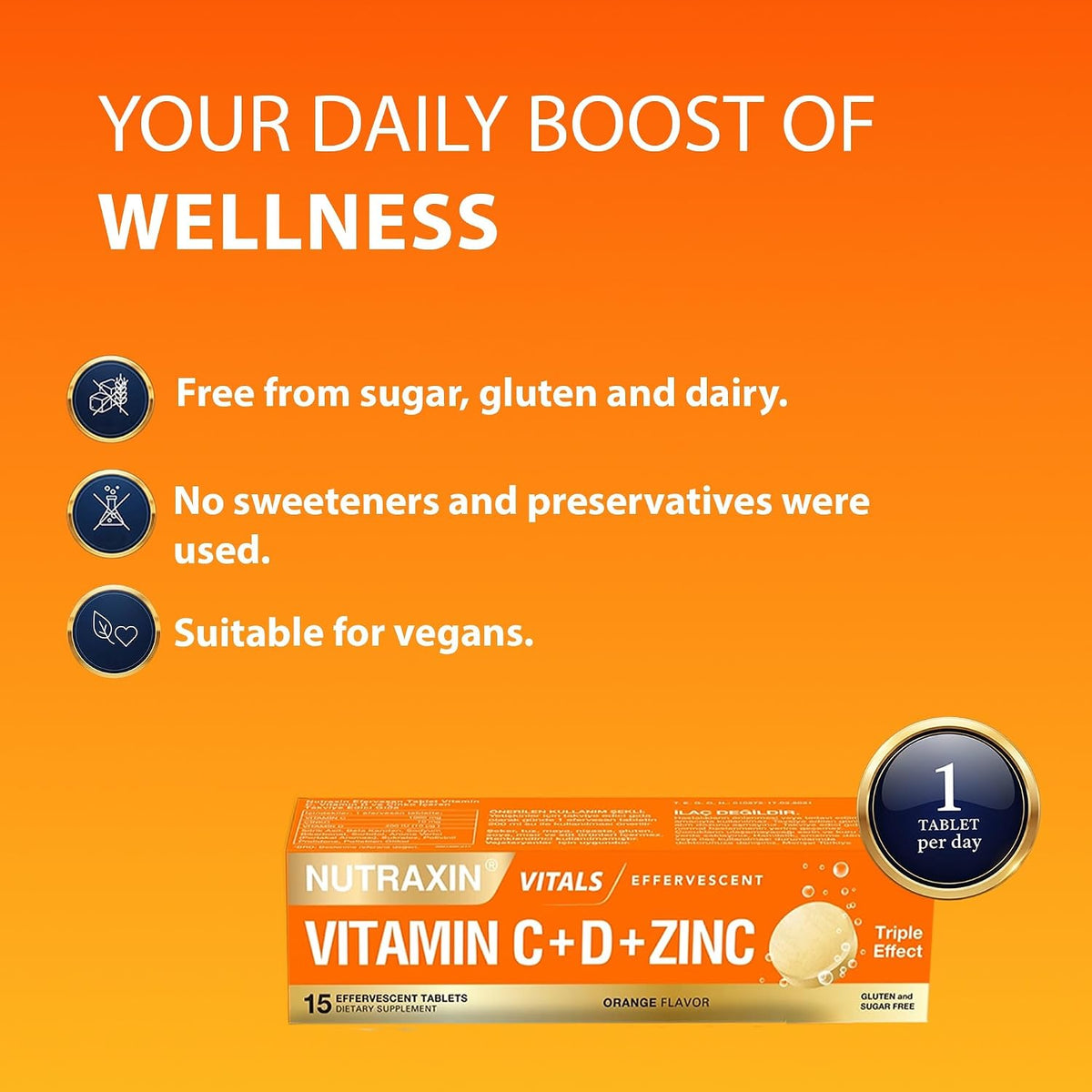 Nutraxin Vitals Vitamin C + D + Zinc – 15 Orange Effervescent Tablets