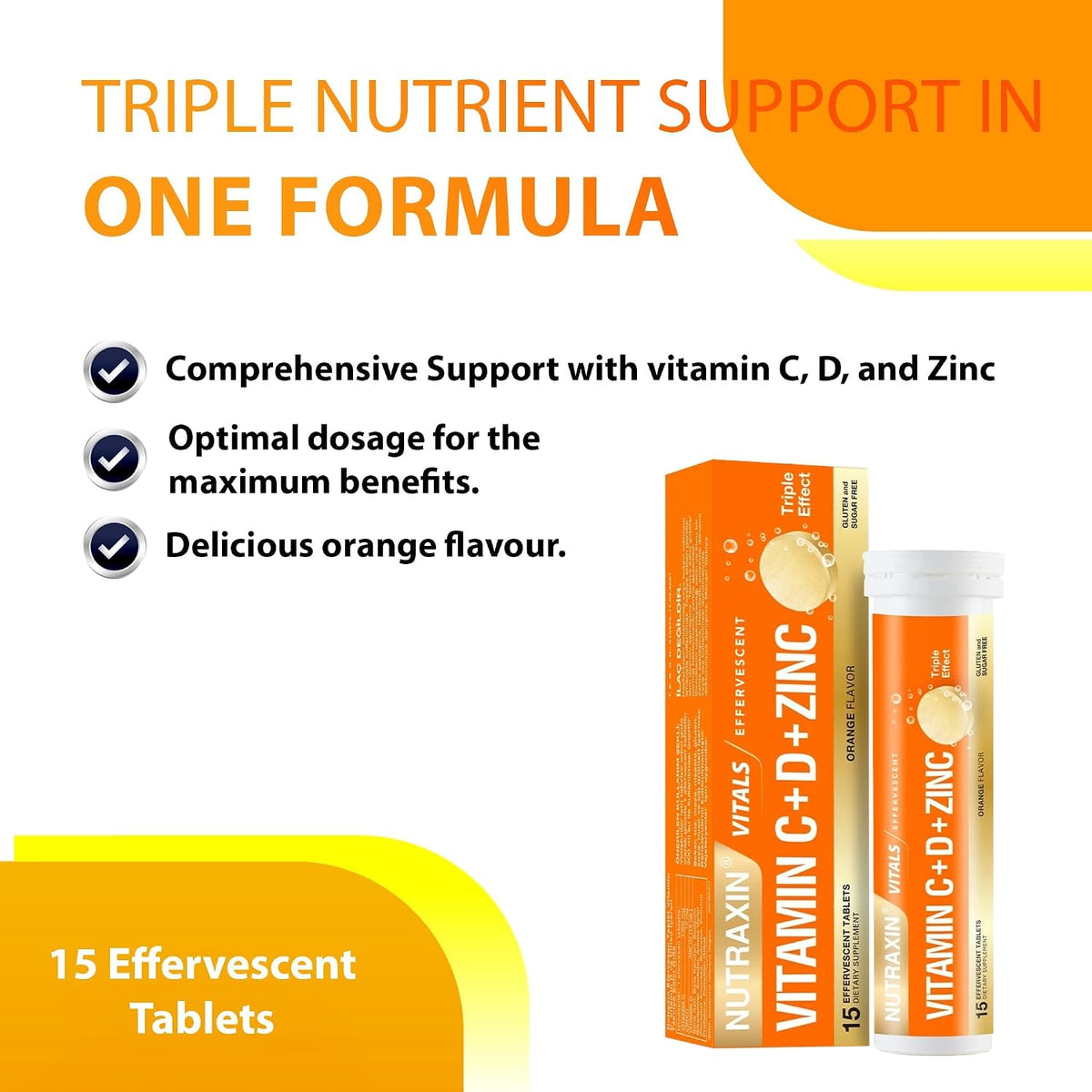 Nutraxin Vitals Vitamin C + D + Zinc – 15 Orange Effervescent Tablets