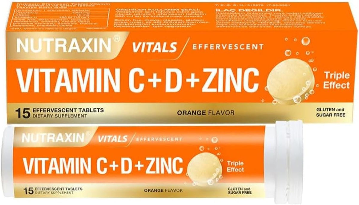Nutraxin Vitals Vitamin C + D + Zinc orange flavour, box and tube of 15 effervescent tablets